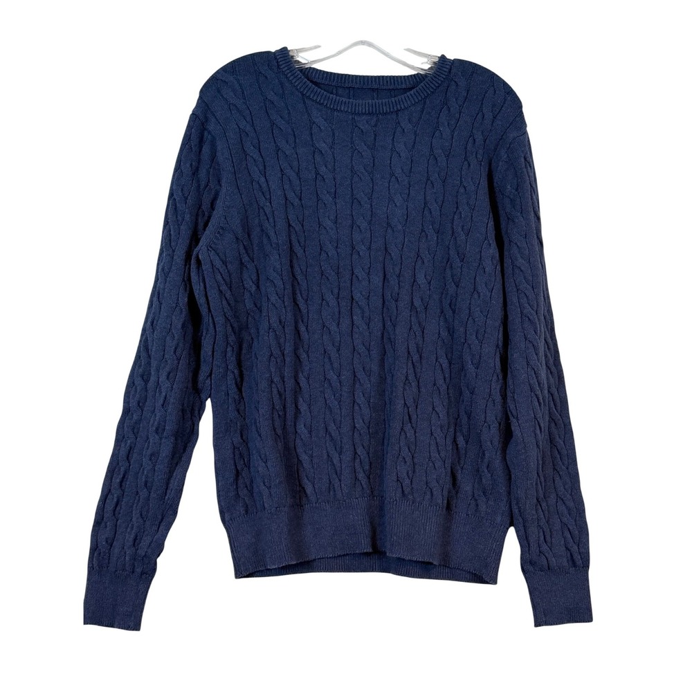 St Johns Bay Mens Navy Blue Cable Knit Crew Neck Sweater •L• Preppy Coastal Fall